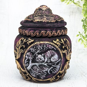 Cheshire Cat Apothecary Jar, Alice's Adventures In Wonderland Decor, Pagan Gift Wiccan Altar Witchy Decor, Wicca Statue Witch Stash Jar Art