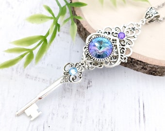 Skeleton Key Necklace "Fleur de Lune" - Ornate Lilac Key To My Heart Crystal Pendant, Statement Fairy Jewelry Fairycore Fantasy Witchy Gift