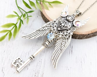 Skeleton Key Necklace "Ethereal Guardian" - Key To My Heart Crystal Owl Pendant, Bird Statement Fairy Jewelry Fairycore Fantasy Witchy Gift