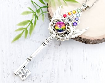 Skeleton Key Necklace "Rainbow Harmony" - Chakra Key To My Heart Crystal Pendant, LGBTQ Pride Fairy Jewelry Fairycore Fantasy Witchy Gift