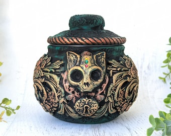 Gothic Cat Skull Apothecary Jar Potion Bottle, Spooky Pagan Gift, Wiccan Decorative Jar, Witchy Decor, Witchcore Art, Goth Witch Pet Urn