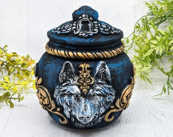 Wolf Head Apothecary Jar Potion Bottle / Gothic Home Decor Wiccan Altar Statue Bowl / Pagan Witchy Decor Witchcraft Occult Sculpture Pet Urn