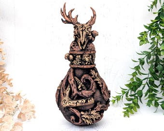 Botella de boticario druídico, botella de poción con calavera de ciervo de fantasía, caja para dados de LARP de mesa, regalo de decoración de bruja, recipiente de almacenamiento, urna para mascotas