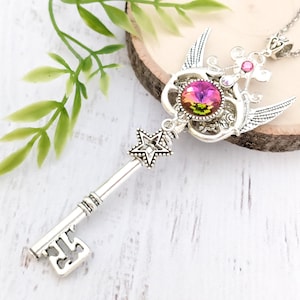 Skeleton Key Necklace &quot;Ethereal Starlight&quot; - Winged Star Key To My Heart Crystal Pendant, Pagan Fairy Jewelry Fairycore Fantasy Witchy Gift