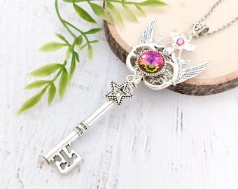Skeleton Key Necklace "Ethereal Starlight" - Winged Star Key To My Heart Crystal Pendant, Pagan Fairy Jewelry Fairycore Fantasy Witchy Gift