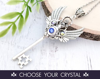 Skeleton Key Necklace "Mythic Enchantress" - Winged Goddess Key To My Heart Crystal Pendant, Fairy Jewelry Fairycore Fantasy Witchy Gift