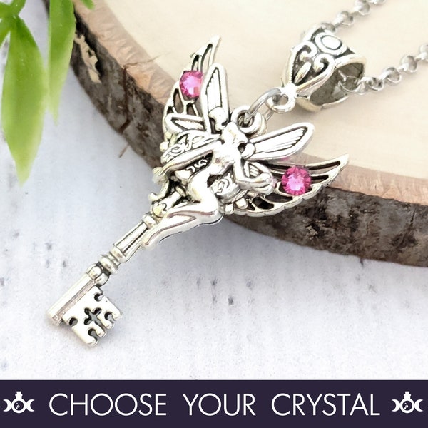 Mini Skeleton Key Necklace "Petite Pixie" - Small Fae Faerie Crystal Key To My Heart Pendant, Fairy Jewelry Fairycore Fantasy Witchy Gift