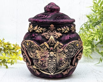 Deathshead Moth Apothecary Jar Potion Bottle  / Gothic Home Decor Wiccan Altar Bowl / Butteryfly Statue Wiccan Decor Occult Pagan Pet Urn