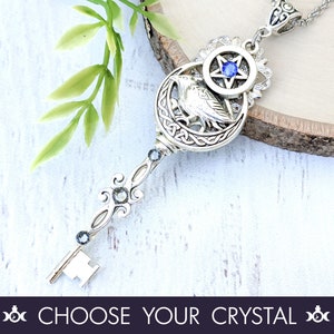 Skeleton Key Necklace &quot;Nightwatcher&quot; - Crow Pentacle Moon Key To My Heart Crystal Pendant, Gothic Jewelry Fairycore Fantasy Witchy Gift