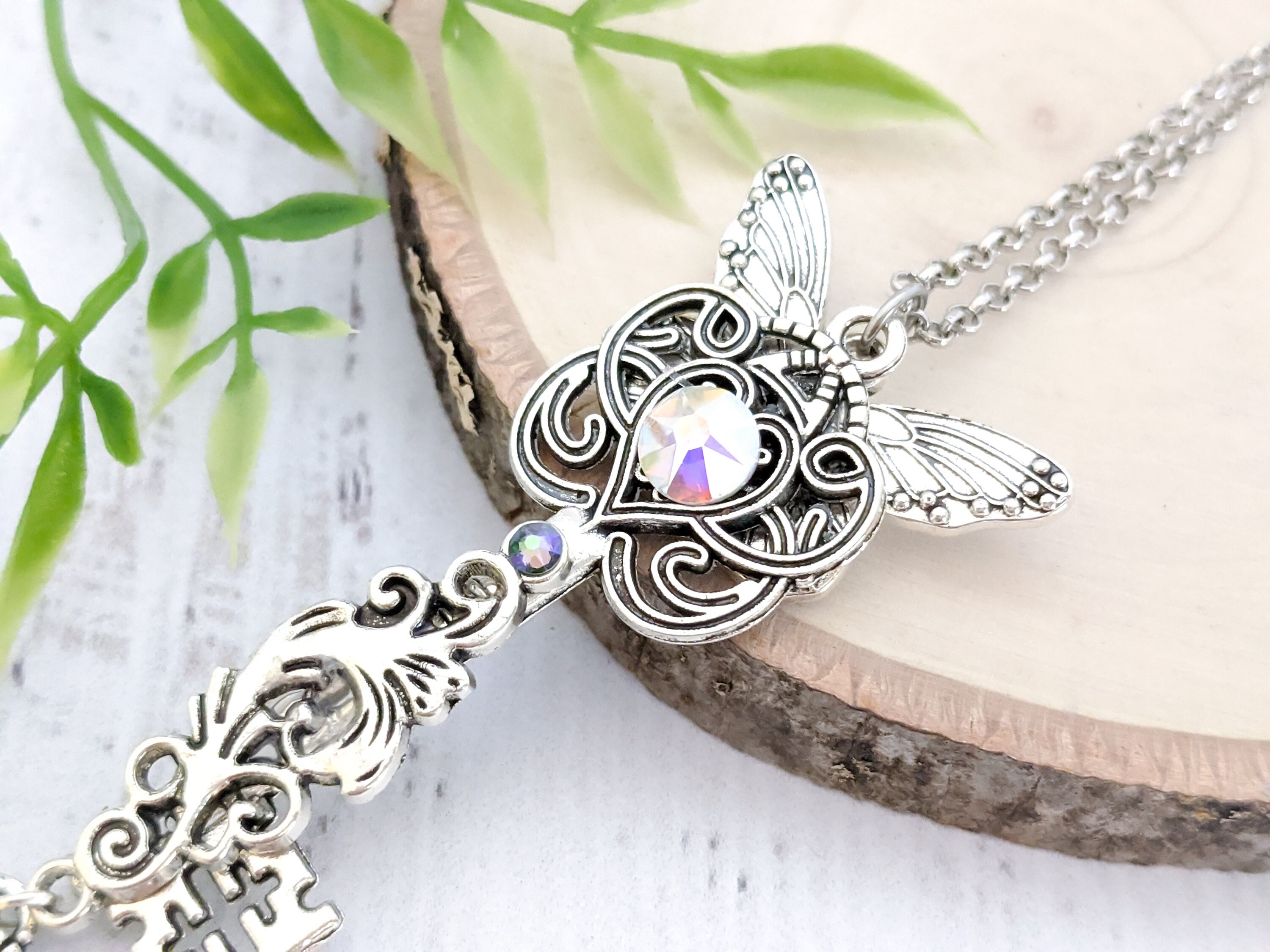 Skeleton Key Necklace Fluttering Oasis - Butterfly Key to My Heart Crystal Pendant, Statement Fairy Jewelry Fairycore Fantasy Witchy Gift