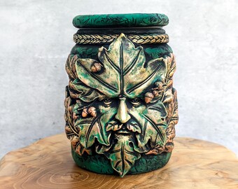 Greenman Apothecary Jar, Green Man Woodland Potion Bottle, Forest Leaf Fantasy Witchy Decor Gothic Pagan Gift, Cottagecore Keepsake Pet Urn