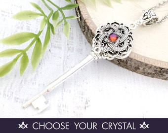 Skeleton Key Necklace "Eternal Weave" - Celtic Knot Key To My Heart Crystal Pendant, Pagan Quatrefoil Jewelry Fairycore Fantasy Witchy Gift