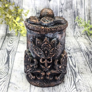 Lotus Copper Patina Apothecary Jar Potion Bottle / Wiccan Altar Apothecary Bottle Gothic Home Decor / Witchy Decor Goth Witch Pagan Gifts