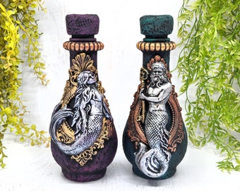 SET- Mermaid & Merman Apothecary Jar Potion Bottles, Neptune Poseidon Decor, Sea Witch Beach Theme Pagan Gift, Wiccan Altar Witchy Decor Art