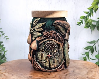 Fairy Door Apothecary Jar, Halfling Fairycore Woodland Witch Potion Bottle, Witchy Decor Storage Container, Pagan Gift Witchcraft, Pet Urn