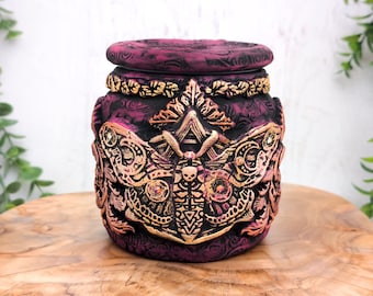 Deathshead Moth Apothecary Jar Potion Bottle  / Gothic Home Decor Wiccan Altar Bowl / Butteryfly Statue Wiccan Decor Occult Pagan Pet Urn
