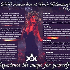May include: Five star reviews for handmade glass jars with a triple moon symbol and a small bottle with a triple moon symbol. The jars are decorated with a green, red, and black paint design. The text in the image reads "Over 2000 reviews here at Lori's Laboratory! Thank you!" and "Experience the magic for yourself..."