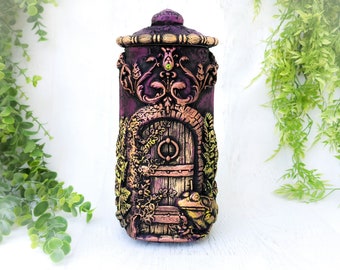 Fairy House Apothecary Jar Witch Potion Bottle, Fairy Door Witchy Decor, Fairycore Decorative Jar Fae Garden Gnome House Pagan Gift, Pet Urn