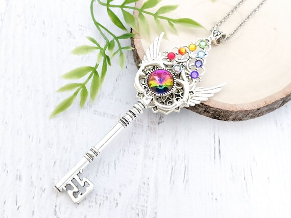 Skeleton Key Necklace "Rainbow Harmony" - Chakra Key To My Heart Crystal Pendant, LGBTQ Pride Fairy Jewelry Fairycore Fantasy Witchy Gift
