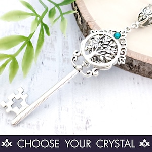 Skeleton Key Necklace &quot;Enchanted Growth&quot; - Tree of Life Key To My Heart Crystal Pendant, Yggdrasil Jewelry Fairycore Fantasy Witchy Gift