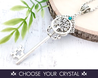 Skeleton Key Necklace "Enchanted Growth" - Tree of Life Key To My Heart Crystal Pendant, Yggdrasil Jewelry Fairycore Fantasy Witchy Gift