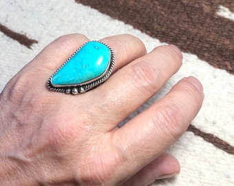 Navajo Turquoise and Sterling Silver Ring Big Blue Sky US 7.25