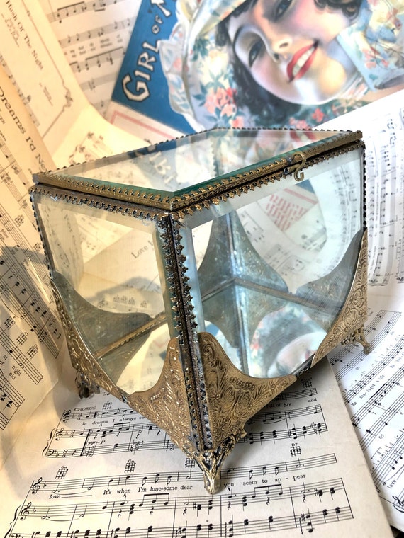 French Antique Display Case Beveled Glass Box Footed… Gem