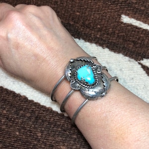 Vintage Southwest Silver and Turquoise Cuff Bracelet Shadow Box design Detailed with Feathers on 4 band cuff