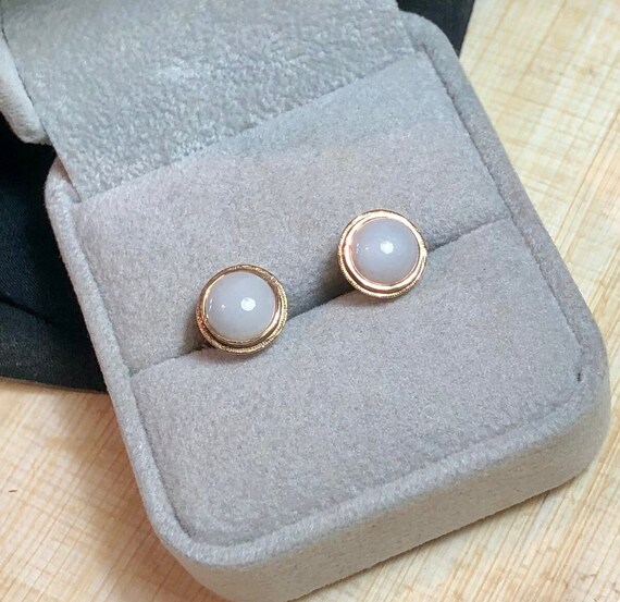 Vintage 14k Gold and White Jadeite Jade Stud Earrings Timeless Classic for everyday 9mm x 9mm diameter fine beaded edge View 5