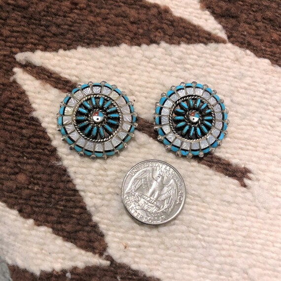 Vintage Zuni Inlay Earrings Concho Style Eagle Feathe… Gem