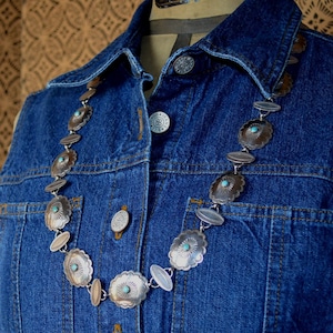 Vintage Navajo Woman&#39;s Concho Belt Hand Made Sterling Silver and Turquoise length 32 inches great necklace too 1940’s