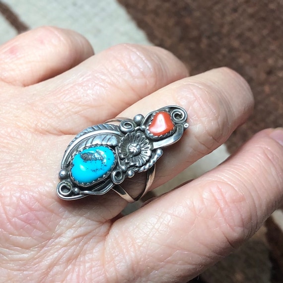 Navajo Turquoise and Sterling Silver Two Stone Ri… - image 1