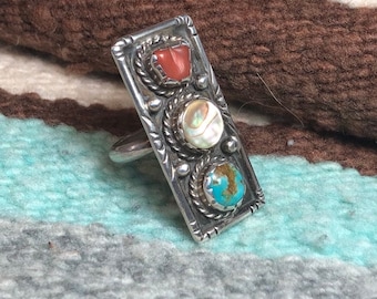Vintage Statement Ring Old Pawn Navajo Ring Sterling Silver Turquoise Mother of Pearl and Coral US size 8.25