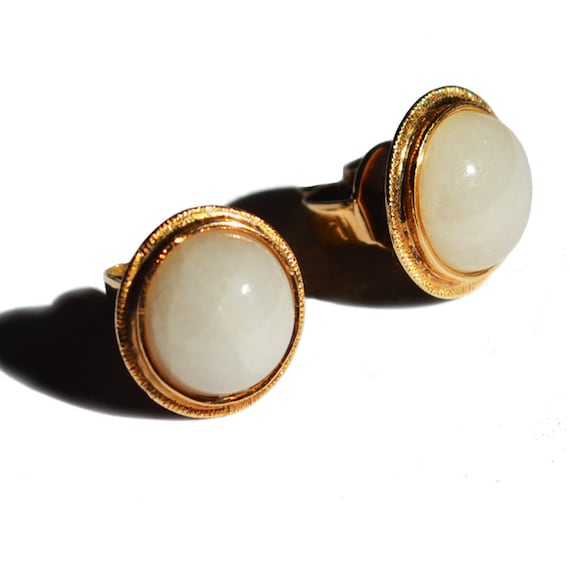 Vintage 14k Gold and White Jadeite Jade Stud Earrings Timeless Classic for everyday 9mm x 9mm diameter fine beaded edge View 2
