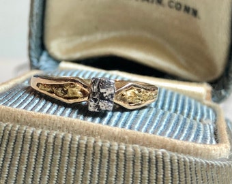 Vintage Gold Rush Era Ring with Platinum and Gold Nuggets set in 14k gold US size 5 UK J