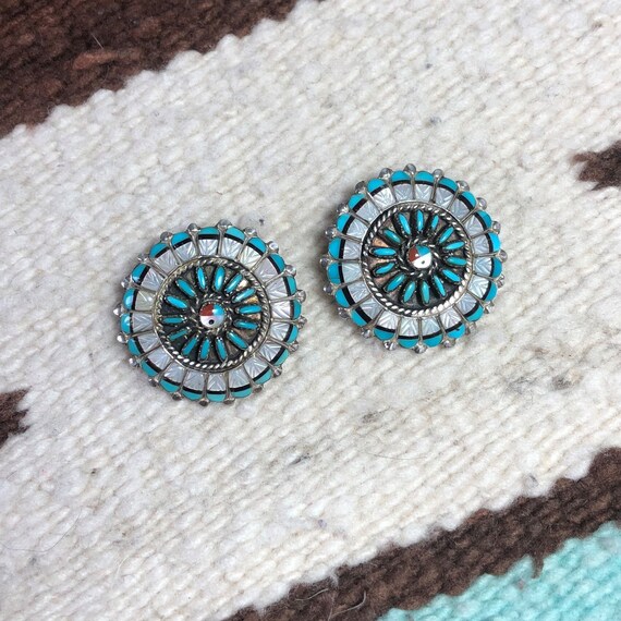 Vintage Zuni Inlay Earrings Concho Style Eagle Feathe… Gem