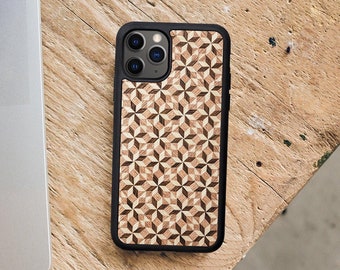 Funda geométrica para iPhone de madera real inspirada en azulejos españoles, funda con incrustaciones de madera para iPhone 16 Pro Max, funda de madera para iPhone 16 Pro, 15, 14..