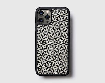 Funda con incrustaciones de madera para iPhone 16 Pro Max, funda geométrica de madera de ébano auténtica para iPhone SE, funda para iPhone 16 Pro para hombre, funda protectora en blanco y negro