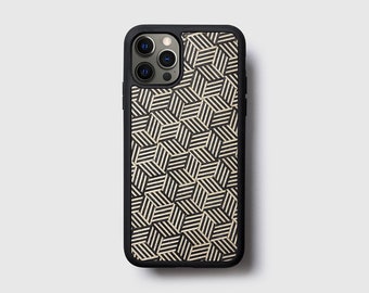 Funda geométrica para iPhone 16 Pro Max, funda protectora con incrustaciones de madera para iPhone 16, funda para teléfono en blanco y negro, funda de madera auténtica para iPhone, ébano, sicamore