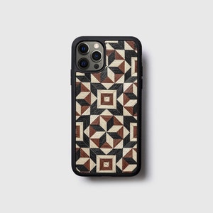 Handcrafted wooden inlay case for iPhone 16 Pro, 15, 14, Gift for wood lover, Marquetry iPhone cover with geometric mosaic