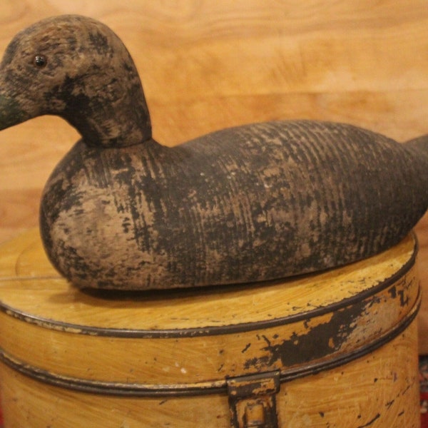 Great 19th Century Hand-carved Wooden Duck Decoy in Old Paint with Golden Glass Eyes- Folk Art/Primitive Art