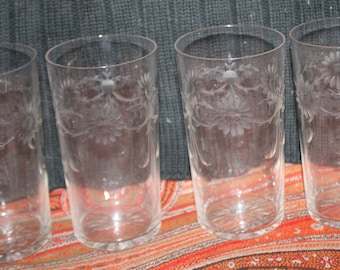 Set of Four Delicate EAPG Victorian Etched Juice Glasses- circa 1900's