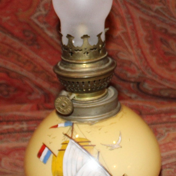 Hand Painted Oil Lamp with French Ship/Nautical Scene- Kosmos Brenner burner- circa 1940's