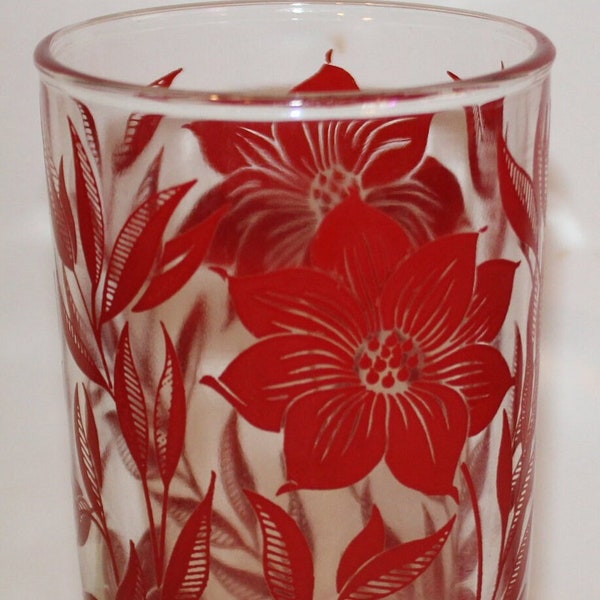 Great Mid Century Hazel Atlas Floral Glass Tumbler with Red Flowers