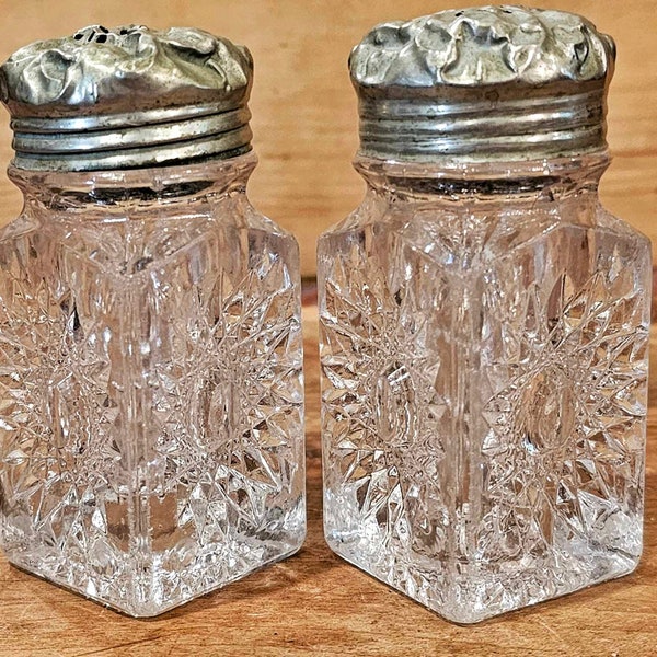 Gorgeous Antique Cut Glass Crystal Salt and Pepper Shakers with silverplated lids