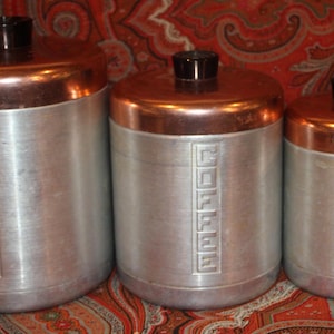 Vintage Retro Midcentury Tin Kitchen Canister Set- Sugar/Coffee/Tea Tins with Copper Lids Industrial/Farmhouse/Retro