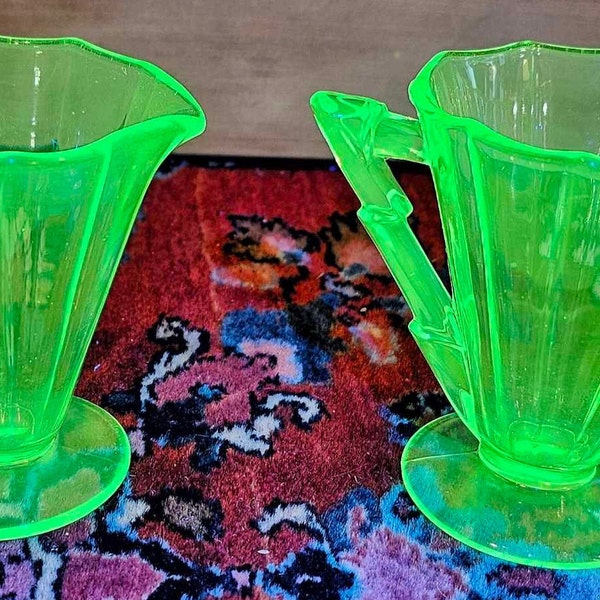 Vintage Art Deco Cambridge Vaseline Decagon Depression Glass Creamer and Sugar Set- circa 1930