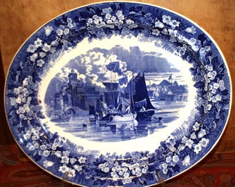 Very LARGE Antique Wedgwood Etruria Platter – Cobalt Blue Ferrara Pattern, Circa 1894