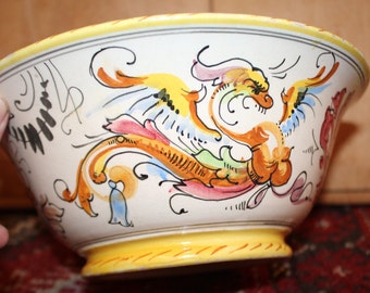 Antique Handpainted Fratelli Fanciullacci Raffaellesco Dragon Decorated Pottery Bowl- made in Italy- Italian Majolica