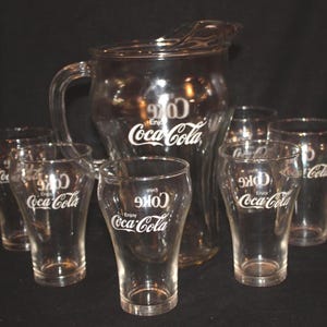 Set of Six Vintage Libby Bell Shaped Coca Cola Glasses/Tumblers from the 80&#39;s with the Pitcher-Bar/Coke/Drinking Glasses